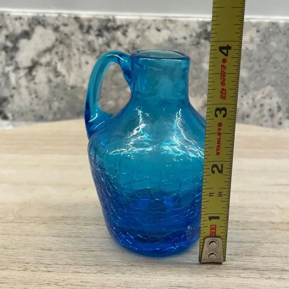 Vintage MCM Cobalt Blue Crackle Glass Mini Pitcher Hand Blown Art Glass 4.5